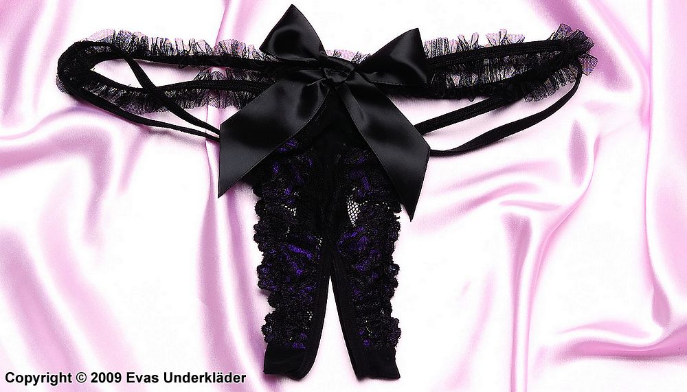 Thong panty with ruffled mesh trim and open front